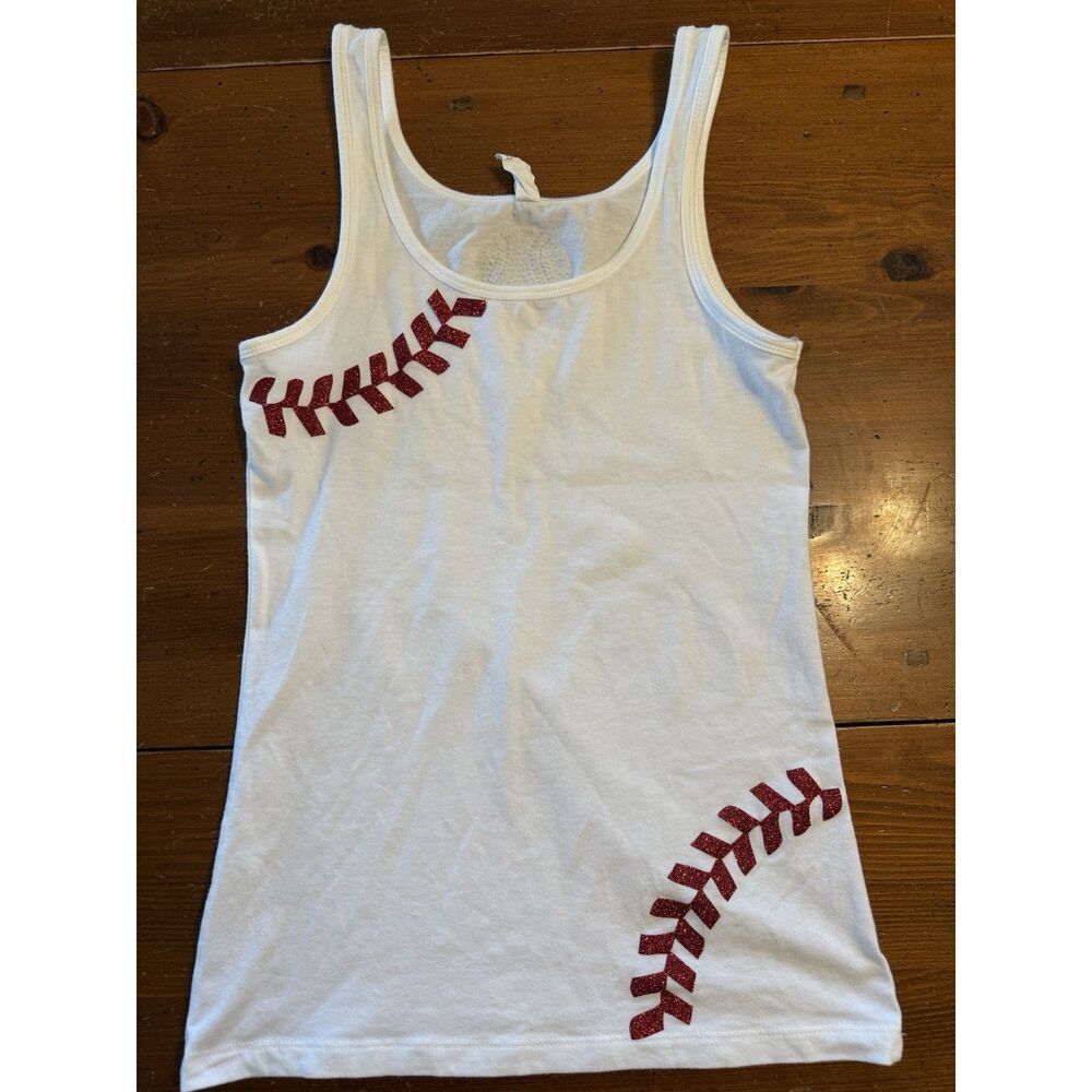 Baseball Fan Women’s White Tank: Seams On Front & Bedazzled Ball on Back: Size L